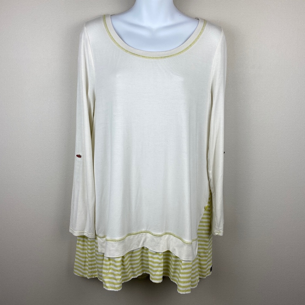 Matilda Jane Ivory Tunic with Tab Sleeve and Striped Hem - Size Medium